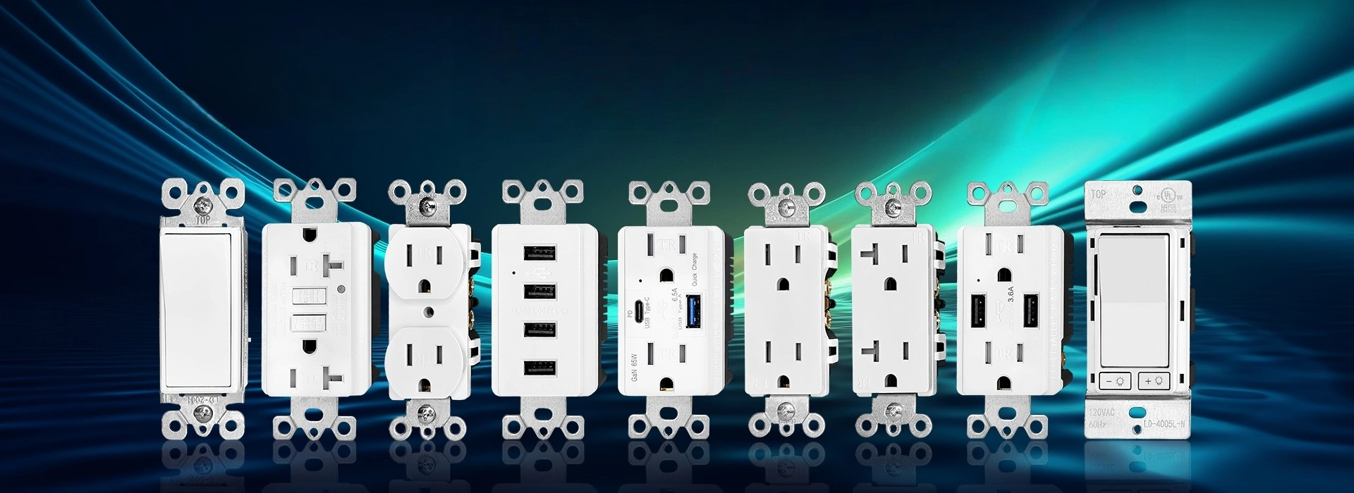 SY Outlet product range — UL & cUL listed GFCI outlets, USB wall outlets, receptacles, switches and wall plates