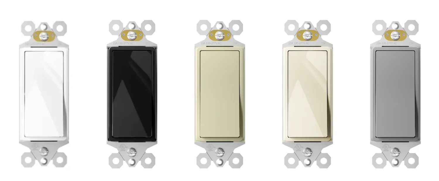 Same decorator rocker switch in five factory finishes: white, black, almond, ivory and grey