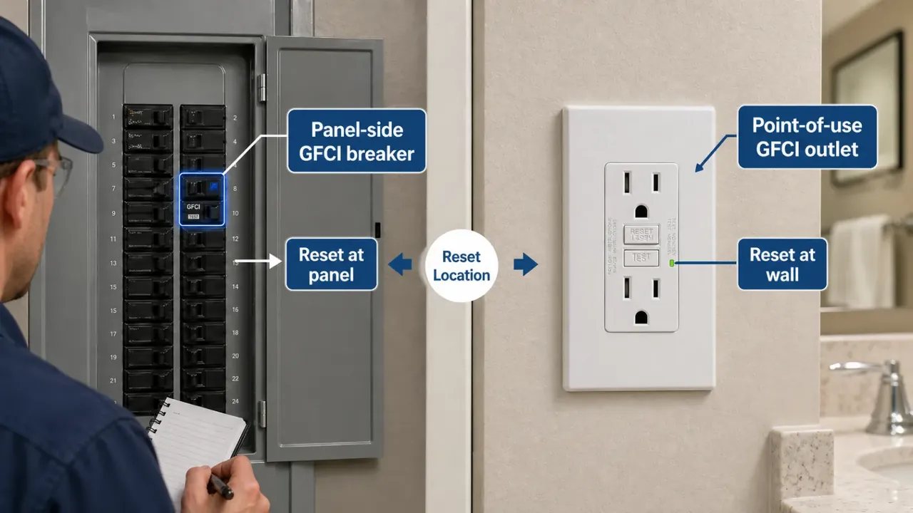 GFCI protection at the load center and a point-of-use GFCI outlet in a bathroom