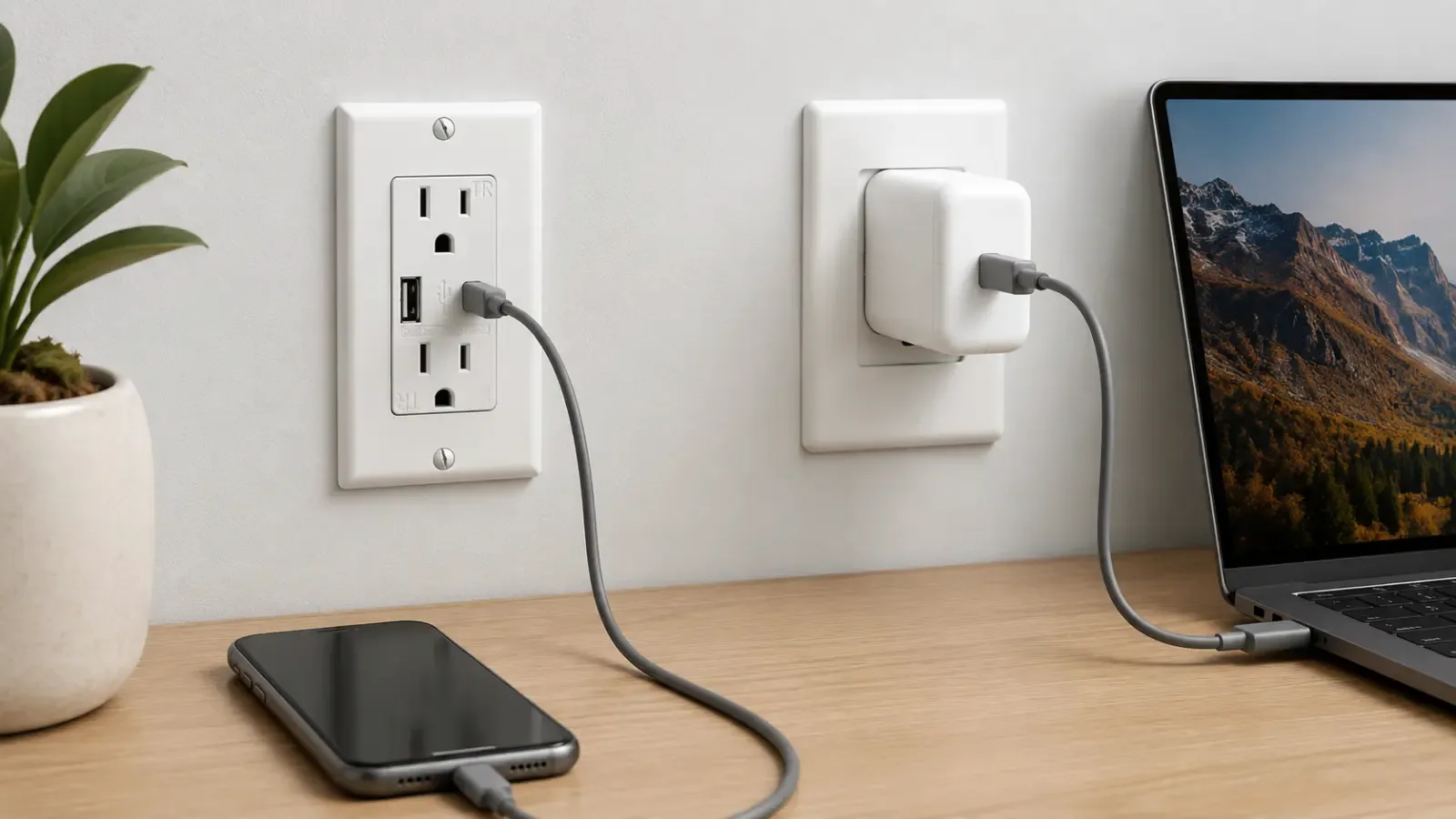 A hotel desk receptacle carrying both a laptop and a phone — the two l
